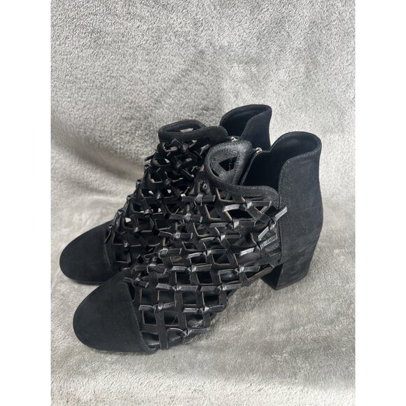 Cecelia New York Women’s 8 Boots Bootie Black Suede Block Heel Leather Ribbons - Picture 1 of 11